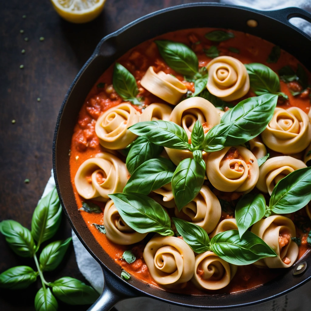 golden tortellini in a creamy red sauce sprinkled with fresh basil in a skillet