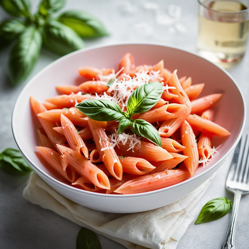 Bowl of penne pasta in creamy pink sauce, topped with fresh basil leaves