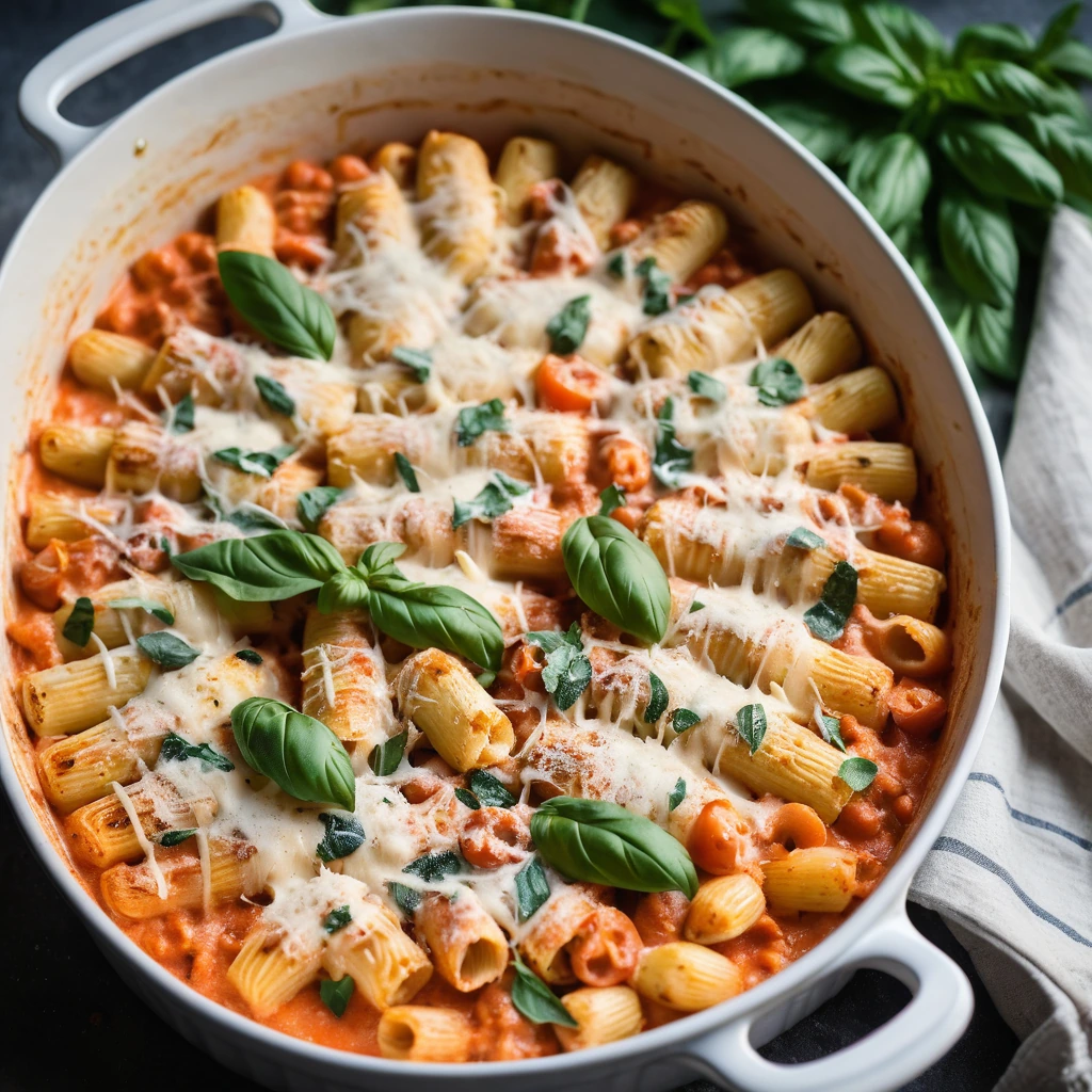 A bubbling casserole dish filled with creamy tomato sauce, gnocchi, and shredded chicken topped with melted cheese.