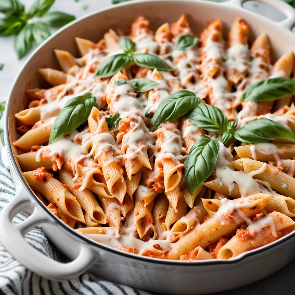 Baked penne pasta with creamy tomato sauce, chicken chunks, and melted cheese on top in a serving dish.