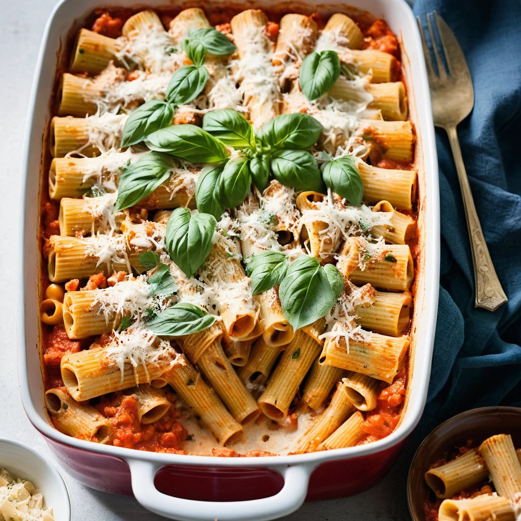 Baked pasta dish with golden, bubbly cheese topping, nestled in a red sauce filled casserole dish.