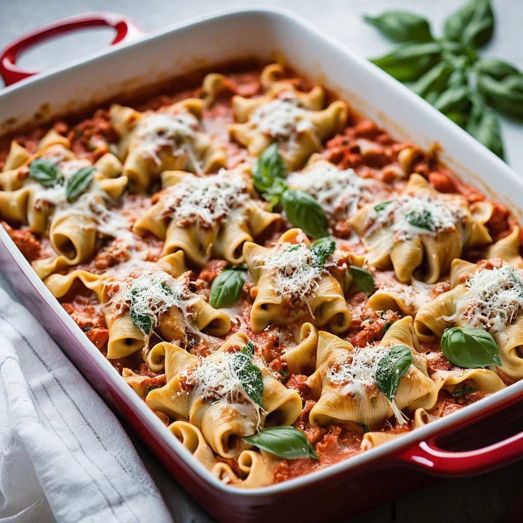 Baked dish with tortellini, chicken, and tomato sauce, topped with melted cheese, served in a rectangular baking dish.