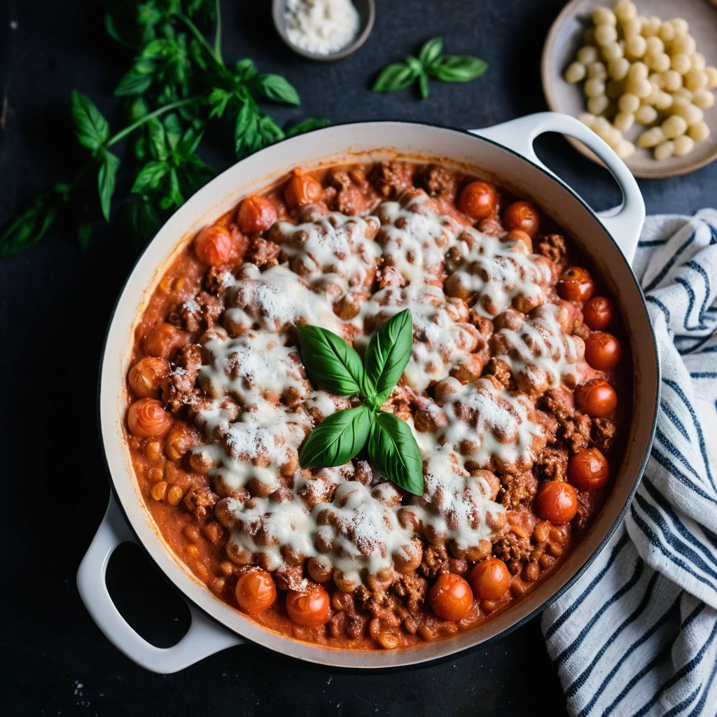 Baked dish with golden bubbly top, gnocchi visible in creamy tomato sauce with melted cheese