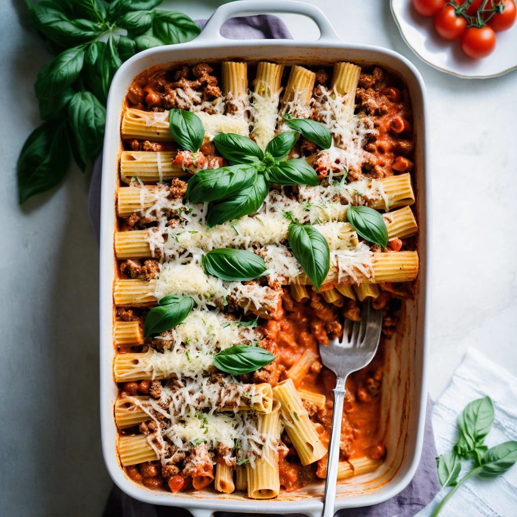 Golden-brown baked rigatoni in a creamy tomato sauce with melted cheese on top, served in a casserole dish.