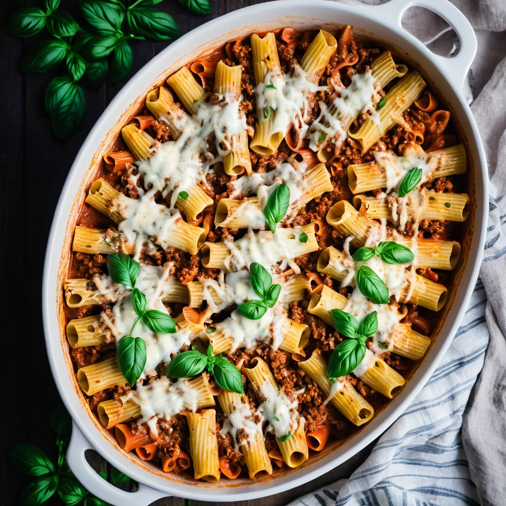 golden bubbly pasta bake with red sauce, stuffed shells, and melted cheese on top, served in a casserole dish