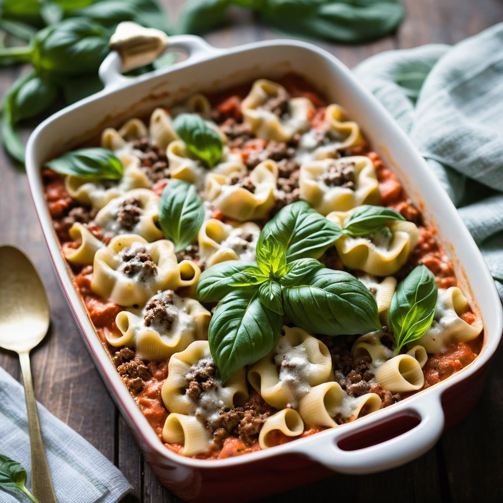 Golden bubbly casserole in a baking dish with a sprinkle of parmesan on top, surrounded by green basil leaves.