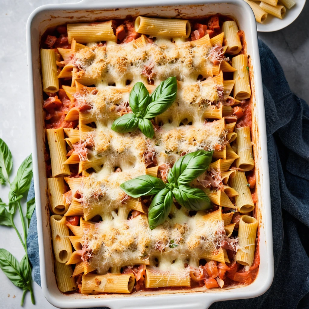 Baked pasta dish with a golden cheese crust in a rectangular baking dish, vibrant red sauce visible between pasta tubes and chunks of ham.