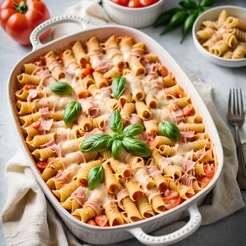 golden bubbly pasta bake with tomato sauce and melted cheese, topped with ham slices in a baking dish
