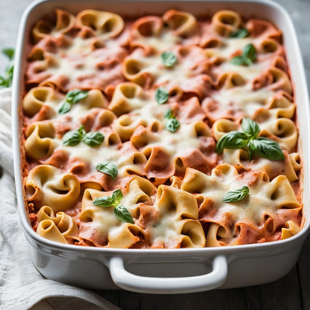 A bubbling casserole dish filled with tortellini, ham, and creamy tomato sauce topped with melted cheese.