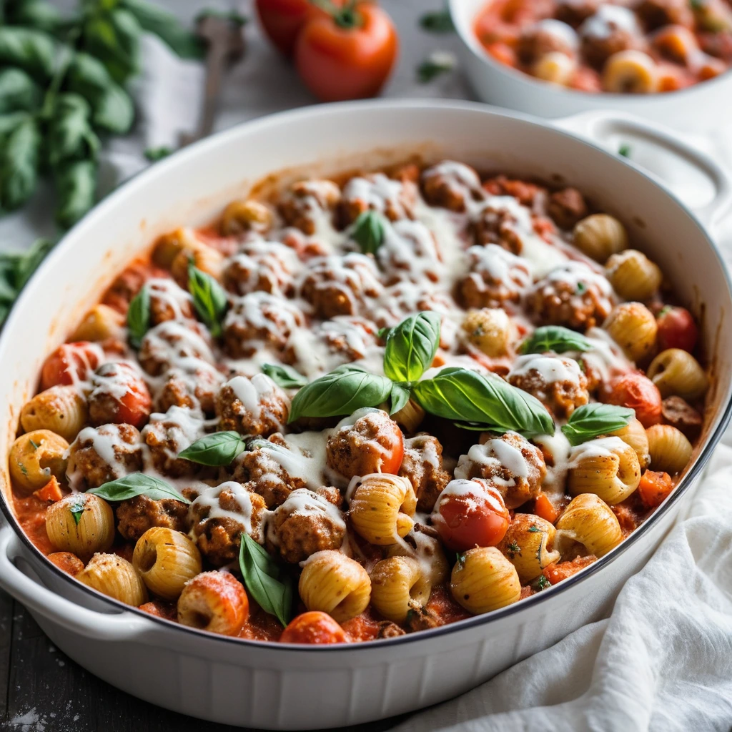 Golden bubbly casserole dish with pillowy gnocchi, Italian sausage, and melted mozzarella in a vibrant tomato sauce.