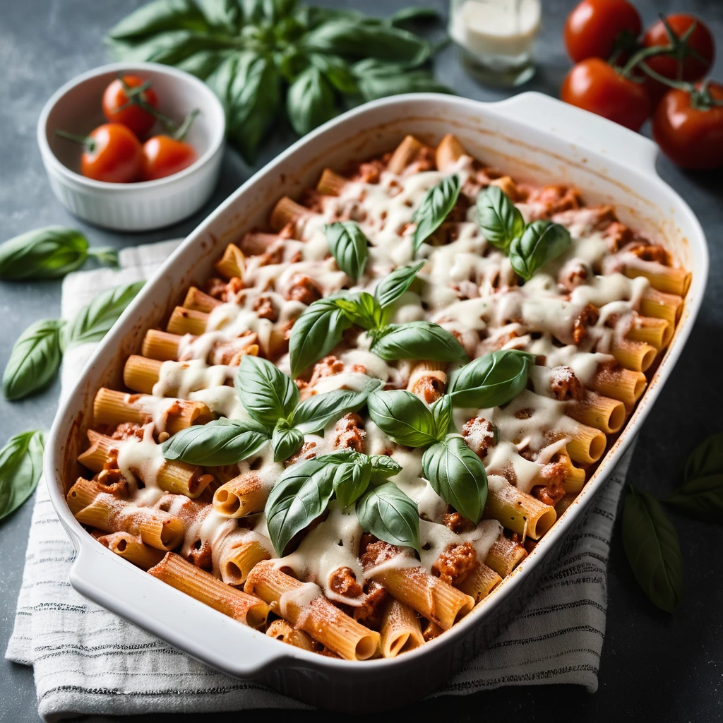 Golden bubbly pasta bake in a rectangular dish, sprinkled with melted mozzarella and fresh basil.