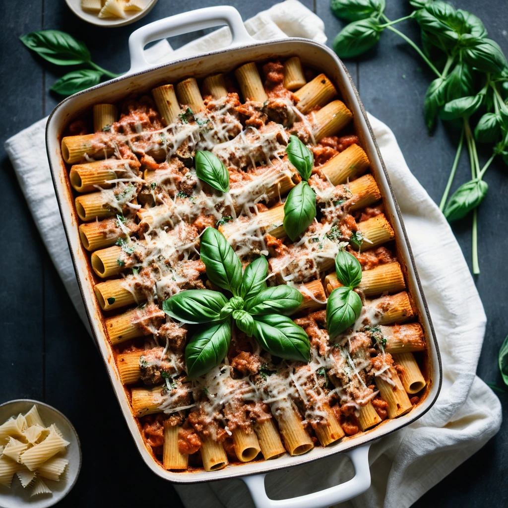 Baked pasta with golden cheese topping, red sauce peeking through, in a rectangular baking dish.