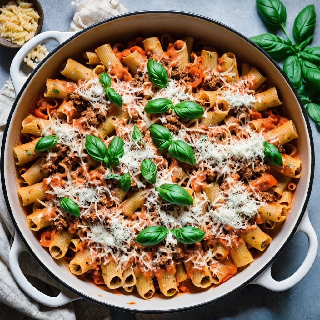 Baked pasta shells covered in a creamy tomato sauce with melted cheese on top, surrounded by Italian sausage crumbles.