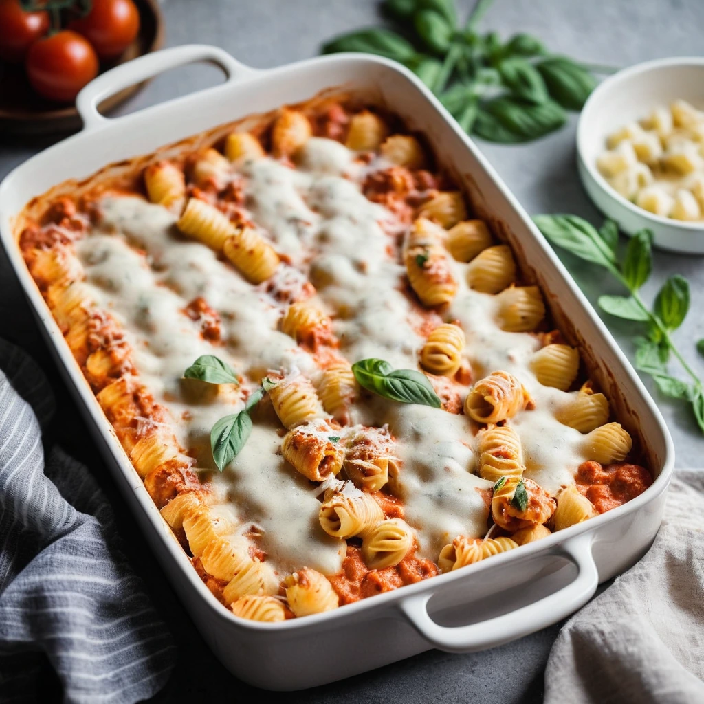 Golden bubbly casserole with gnocchi, turkey, and tomato sauce in a baking dish, topped with melted cheese.