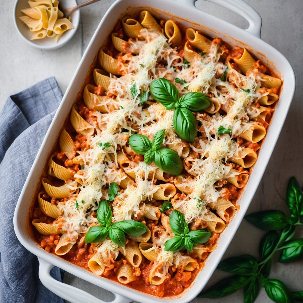 Baked pasta shells topped with melted cheese, surrounded by a creamy tomato sauce in a bubbly casserole dish.