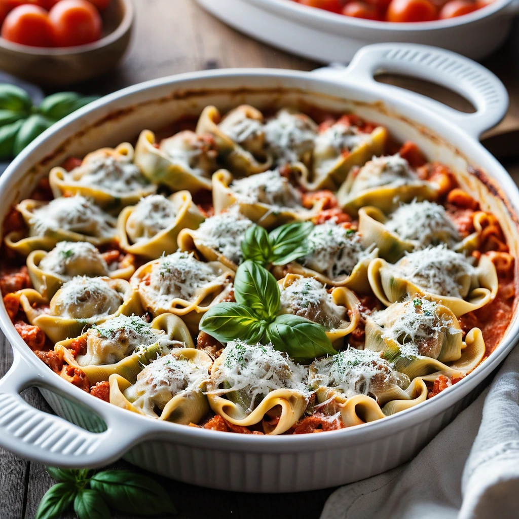 Baked tortellini in a creamy tomato sauce with melted cheese on top, served in a casserole dish.
