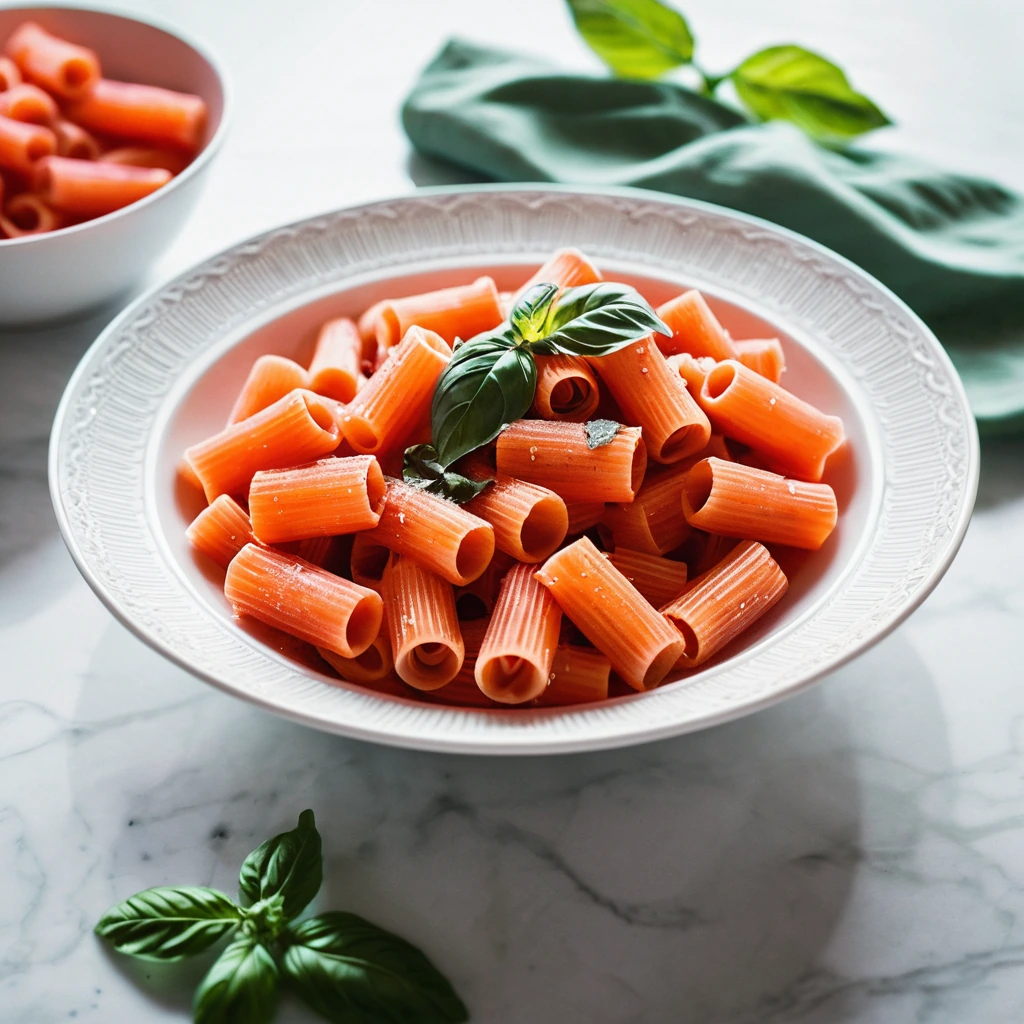Bowl of creamy pink pasta with green basil leaves sprinkled on top