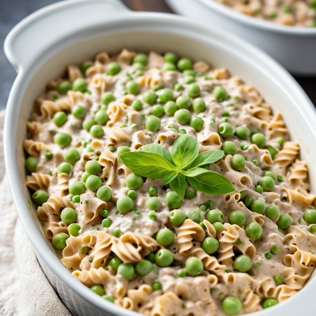 golden bubbly casserole in a rectangular dish with green peas scattered on top