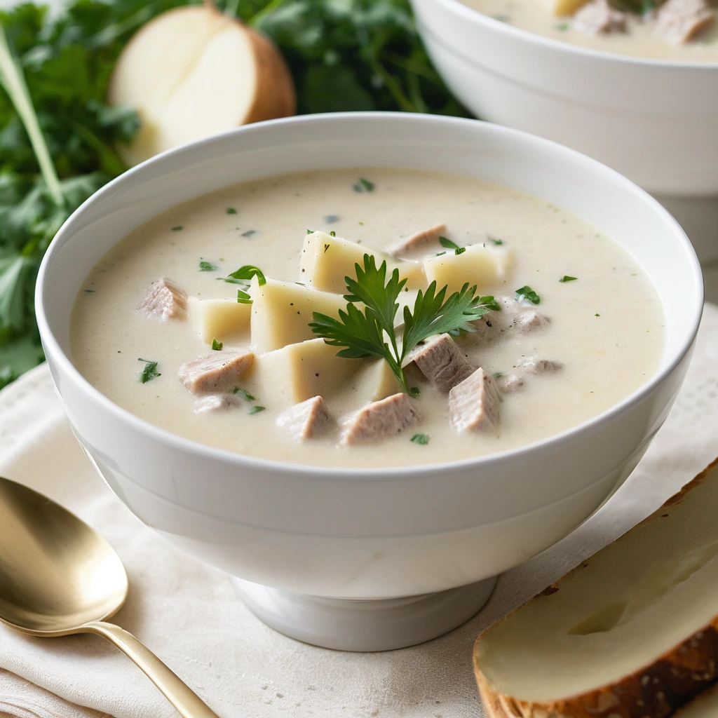 Creamy golden soup in a bowl with chunks of turkey and potatoes, sprinkled with fresh parsley.