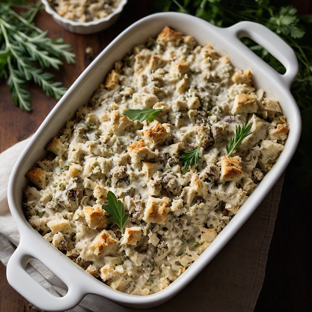 Golden casserole with crispy top in a baking dish, sprinkled with fresh herbs.