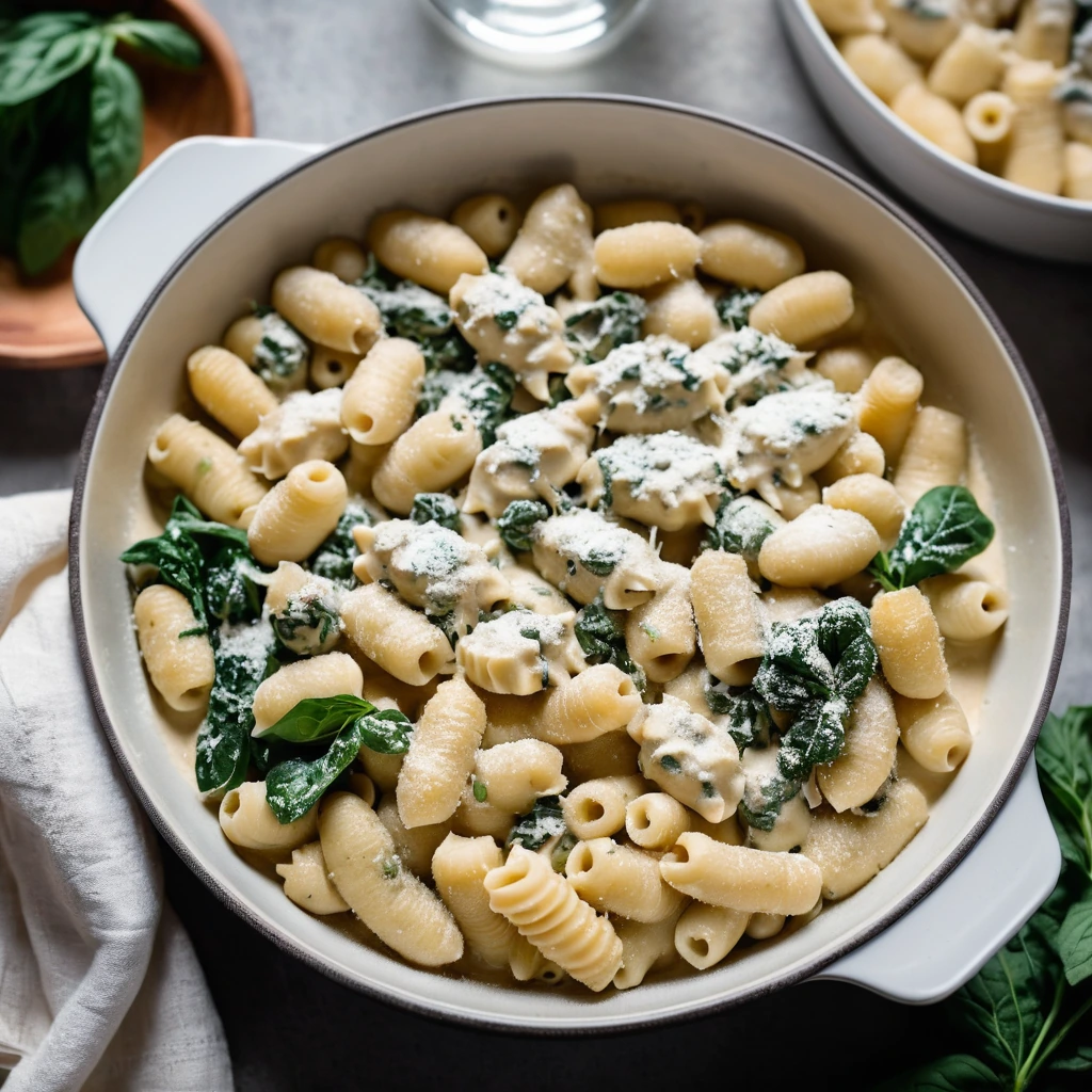 Golden-brown casserole dish filled with creamy white sauce, green spinach, and chunks of chicken and gnocchi.