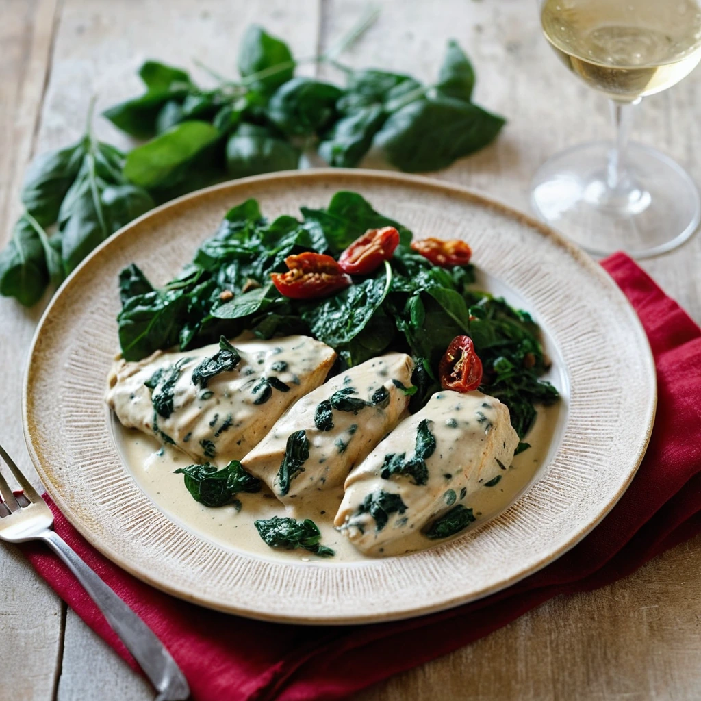 Creamy white sauce over golden chicken breasts topped with vibrant spinach and red sun-dried tomatoes in a rustic serving dish.