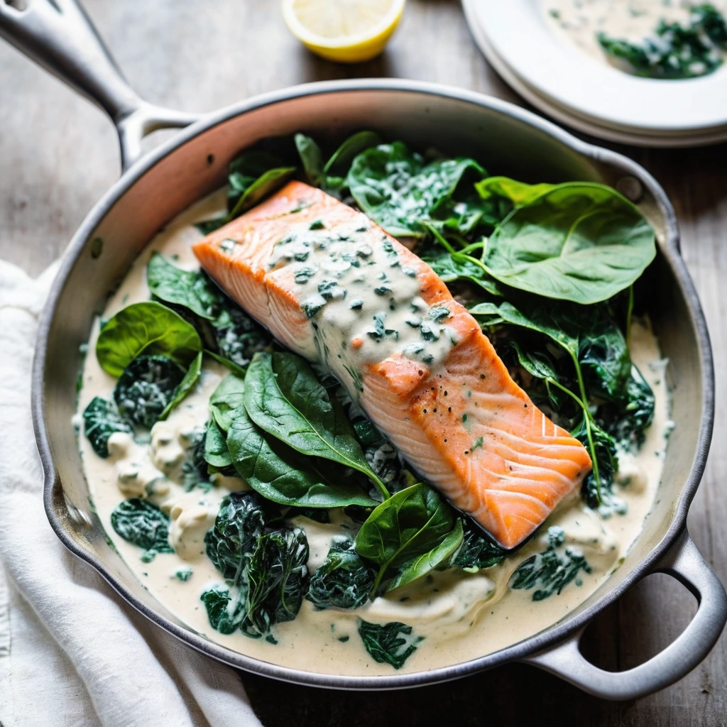 Golden salmon fillet over a bed of bright green spinach in a creamy white sauce in a skillet.