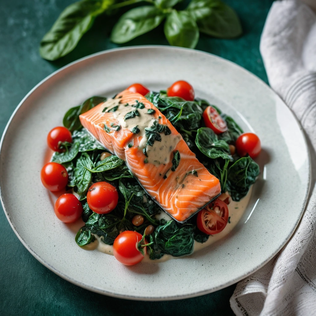 Salmon fillet on a bed of vibrant green spinach and red tomatoes in a creamy white sauce, served on a rustic plate.