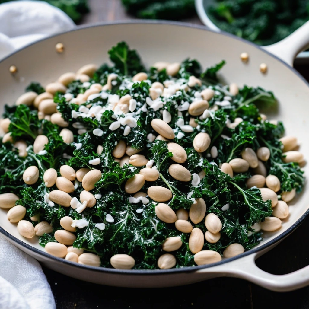 Golden skillet with creamy white beans and vibrant green kale, topped with a sprinkle of parmesan.
