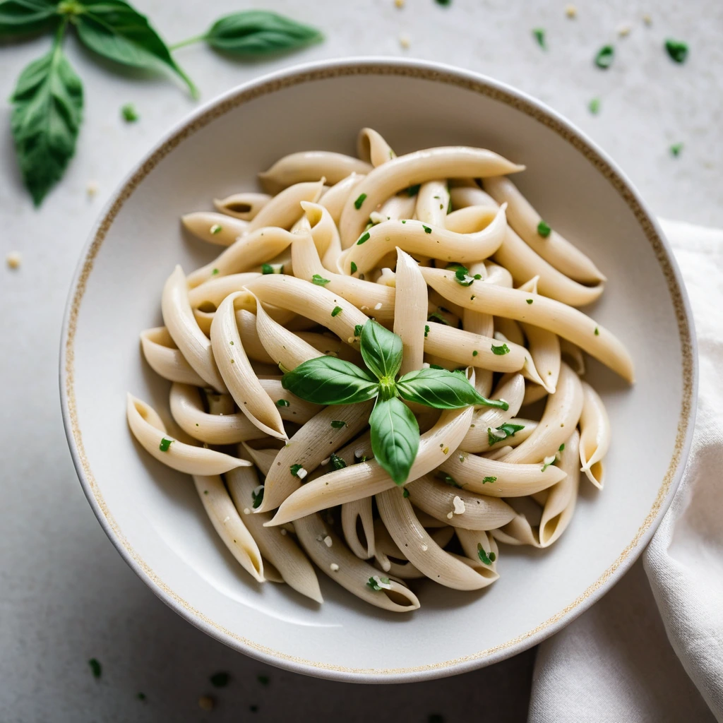 Golden pasta twirled with creamy white sauce, roasted garlic cloves scattered on top, garnished with fresh parsley.