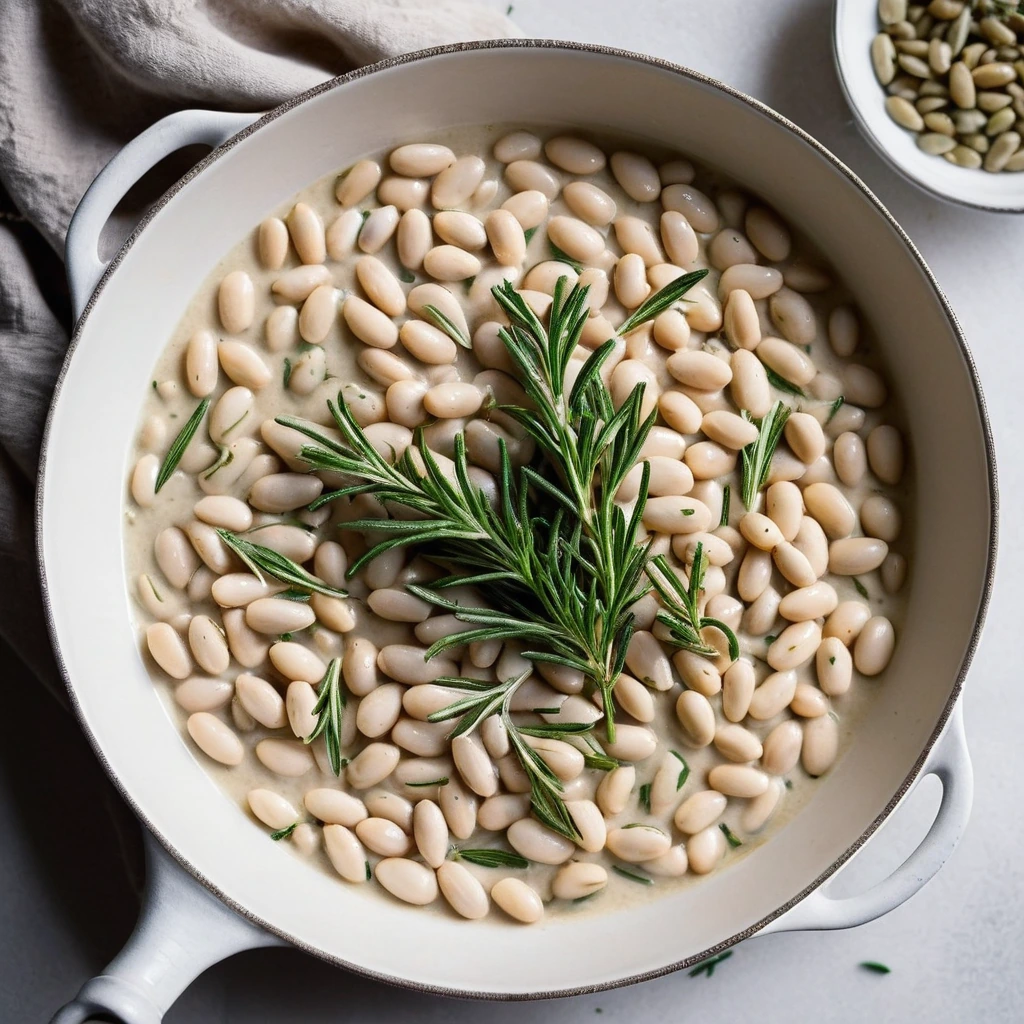 Golden skillet with creamy white beans, fresh rosemary sprigs, and a drizzle of olive oil.