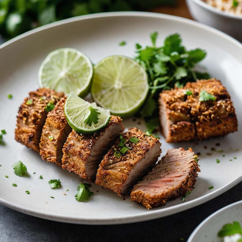Golden-brown pork tenderloin with a sprinkle of green garnish on a white plate.