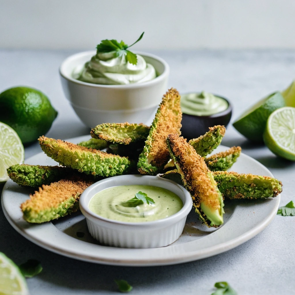 Golden crispy avocado fries arranged on a white plate with a small bowl of vibrant green lime aioli