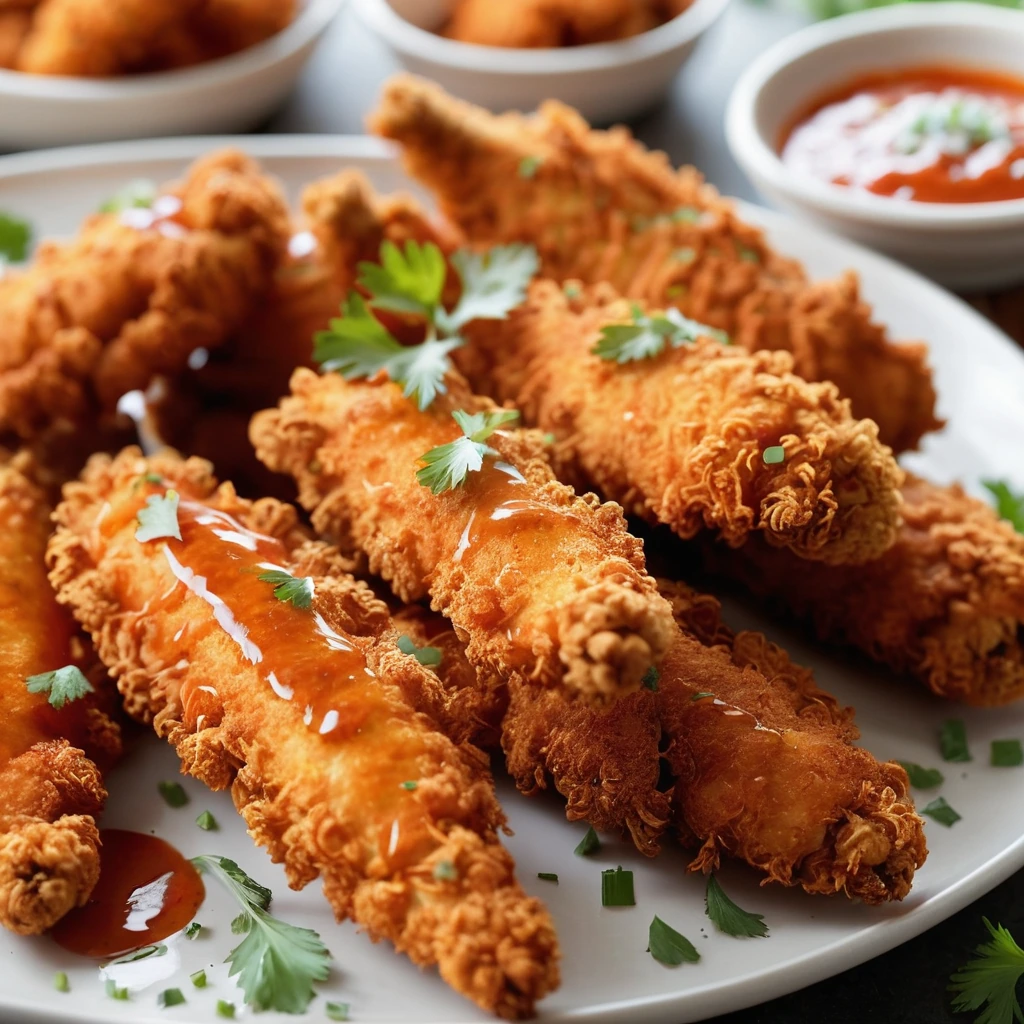 Platter of golden brown chicken tenders with a vibrant red sauce drizzled on top and a sprinkle of fresh parsley.