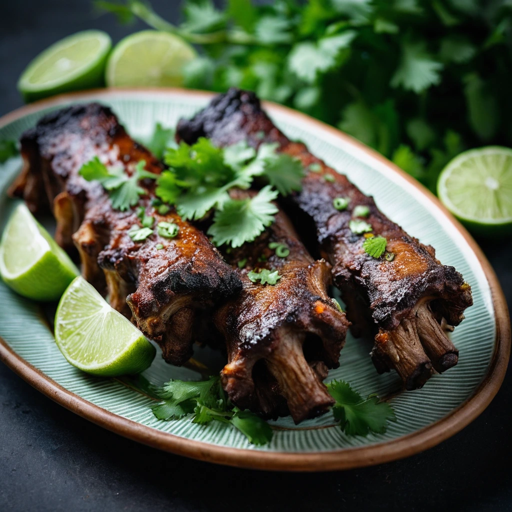 Golden-brown pork ribs on a platter with a vibrant green cilantro garnish.