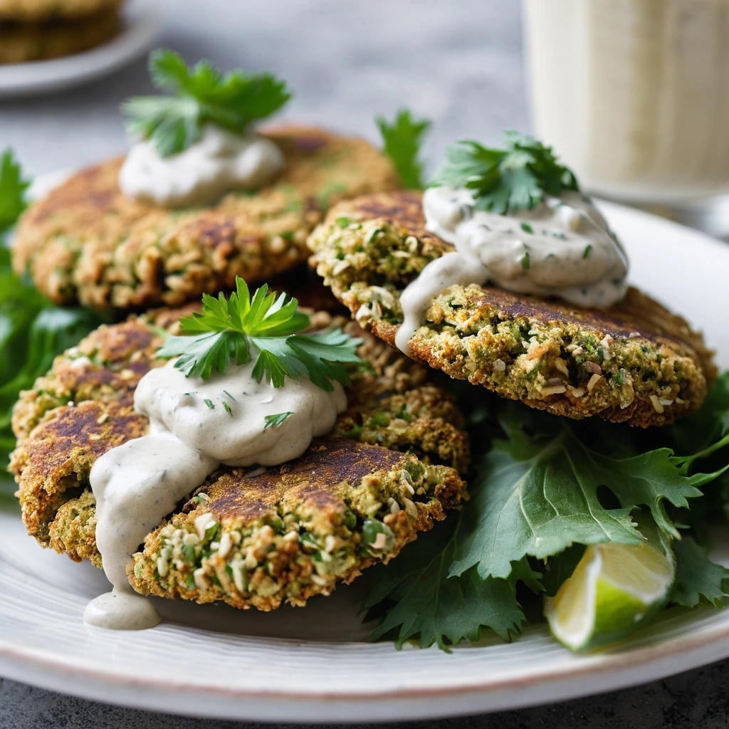 Crispy golden falafel patties on a plate with a drizzle of creamy tahini sauce, garnished with fresh parsley.