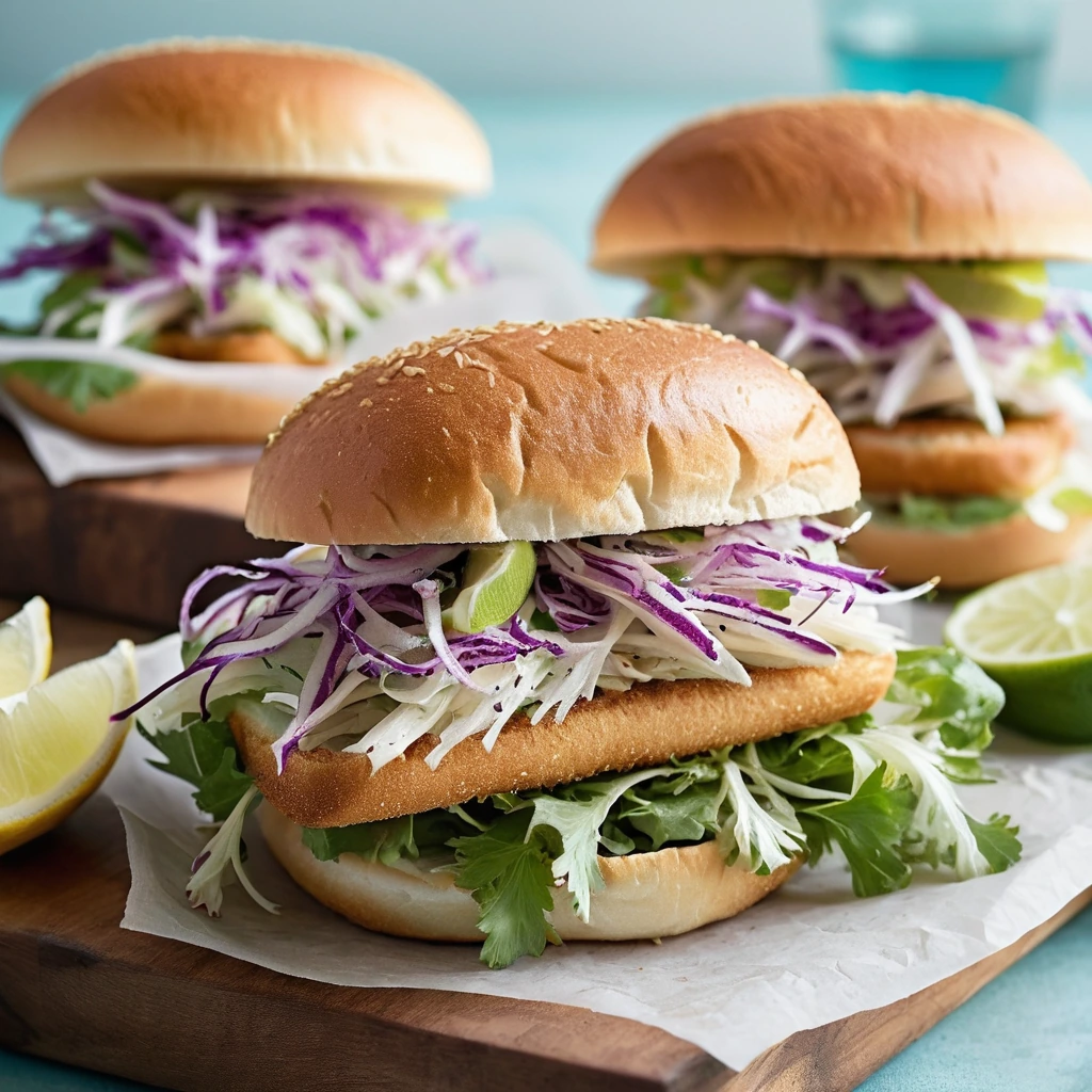 Golden brown fish fillets in buns topped with colorful tangy slaw and a slice of lemon.
