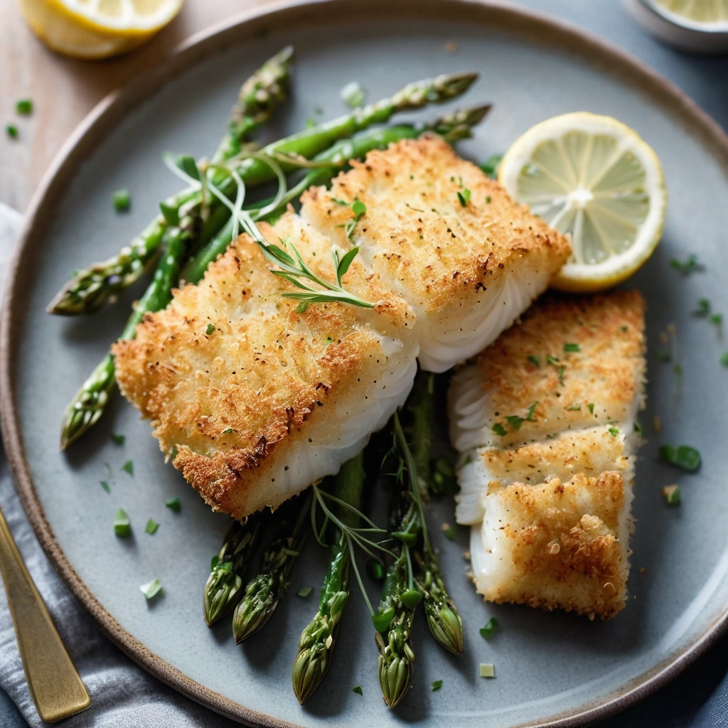 Two golden-brown cod fillets with a crispy Parmesan crust served on a rustic plate with lemon wedges