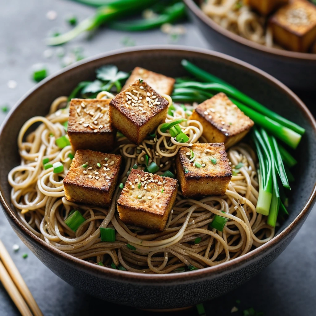 Crispy golden tofu cubes and glossy sesame garlic noodles in a bowl with fresh green scallions on top.