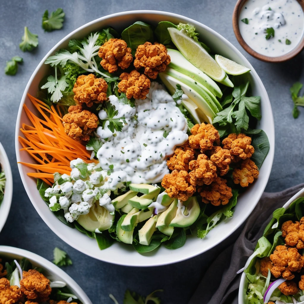 Colorful salad bowls with golden crispy cauliflower, vibrant greens, and a drizzle of white ranch dressing.