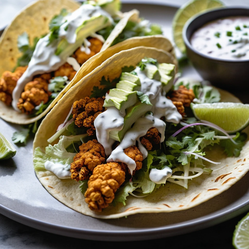 Warm corn tortillas filled with golden crispy cauliflower, vibrant green slaw, and a drizzle of sauce