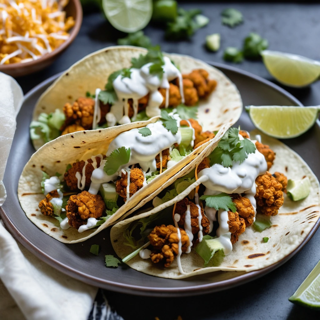 Warm corn tortillas filled with golden cauliflower, drizzled with white ranch sauce and sprinkled with green onions.