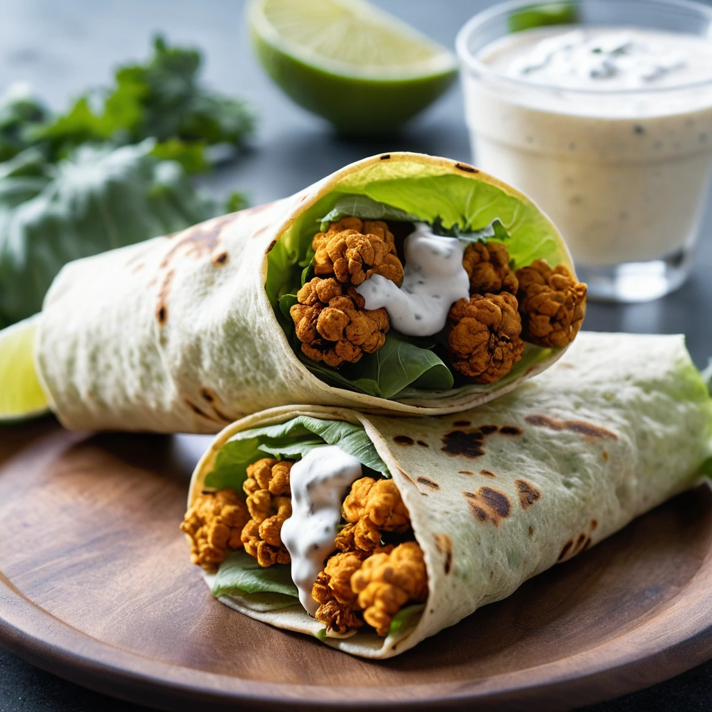 Golden cauliflower florets in soft tortillas, drizzled with creamy ranch dressing.