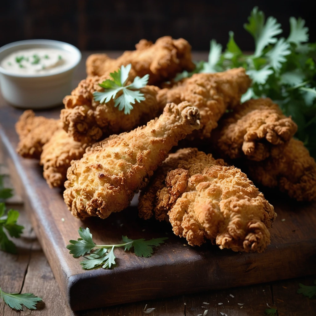 Golden fried chicken pieces on a rustic wooden board, garnished with fresh parsley.