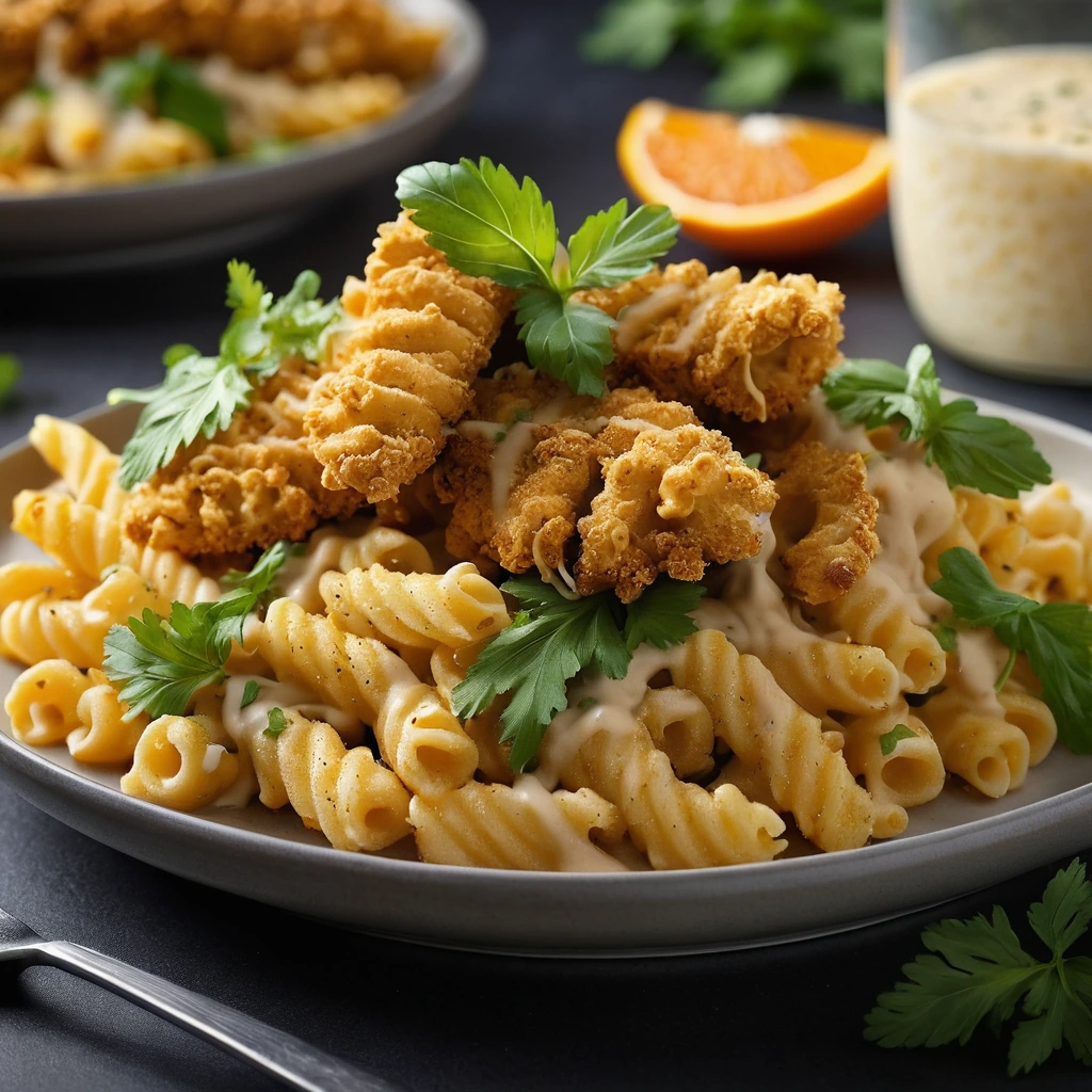 Golden crispy chicken atop a bed of vibrant orange mac and cheese, sprinkled with green parsley.