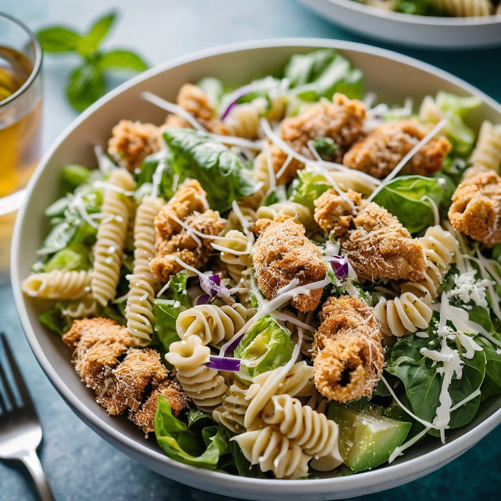 Colorful pasta salad in bowls topped with crispy chicken pieces and grated Parmesan cheese