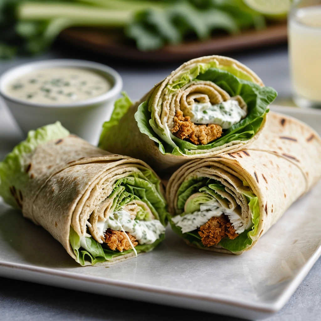 Warm tortillas wrapped around golden chicken, drizzled with creamy Caesar dressing, and filled with crisp romaine lettuce.