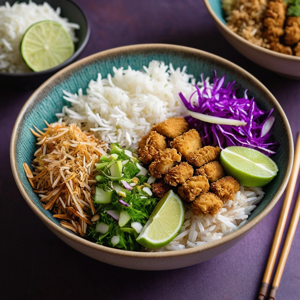 A colorful bowl with golden chicken katsu, white rice, and vibrant purple and green cabbage slaw.