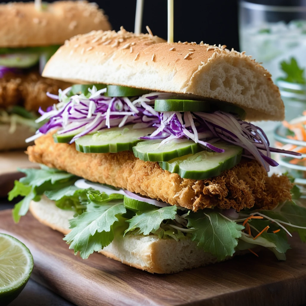 Golden crispy chicken katsu in a toasted bun with vibrant green slaw spilling out the sides.