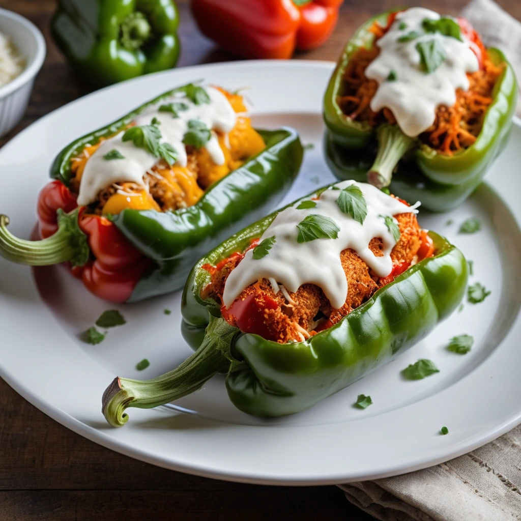 Four halved bell peppers stuffed with crispy chicken and cheese, topped with marinara sauce and bubbly mozzarella.